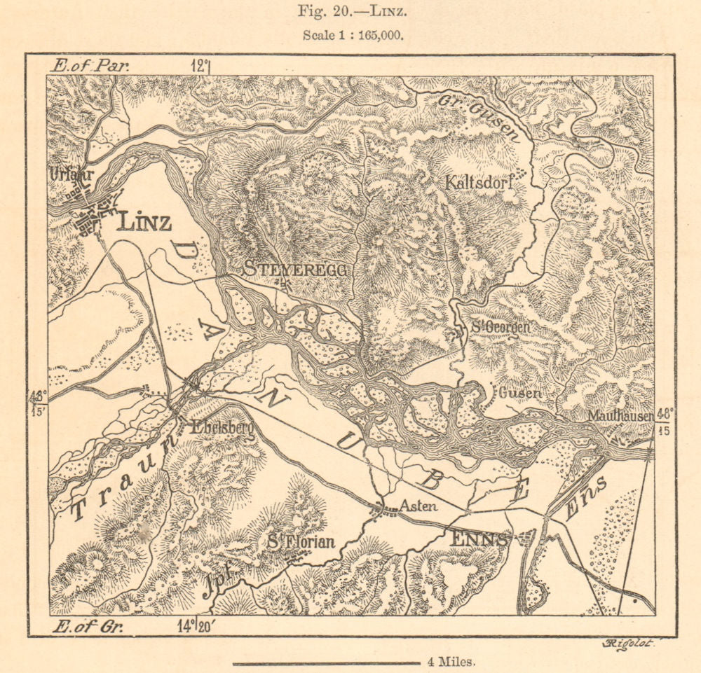 Linz environs. Enns Danube Austria. Sketch map 1885 old antique plan chart